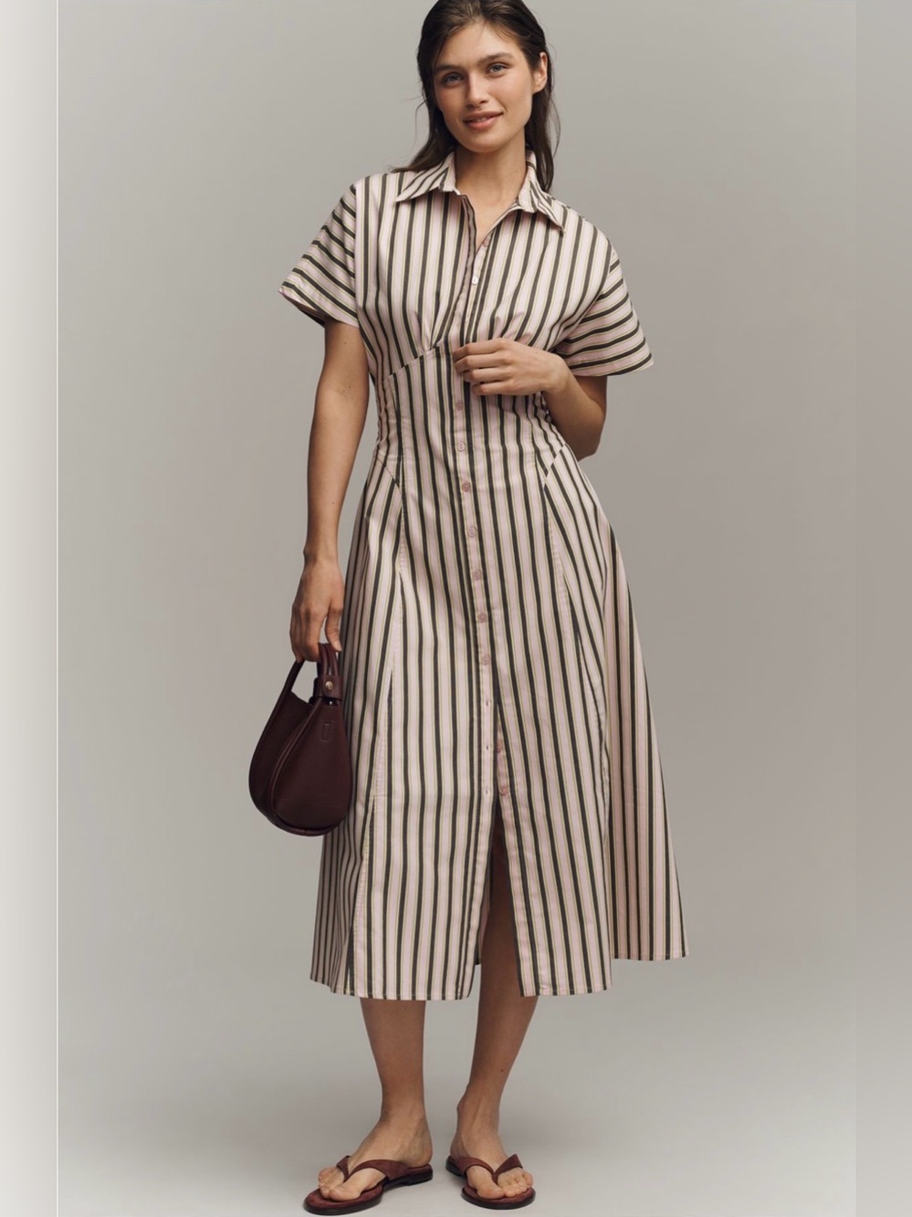 Anthropologie Exquise Midi Shirt Dress - Pink/Green/Brown Stripe, MEDIUM